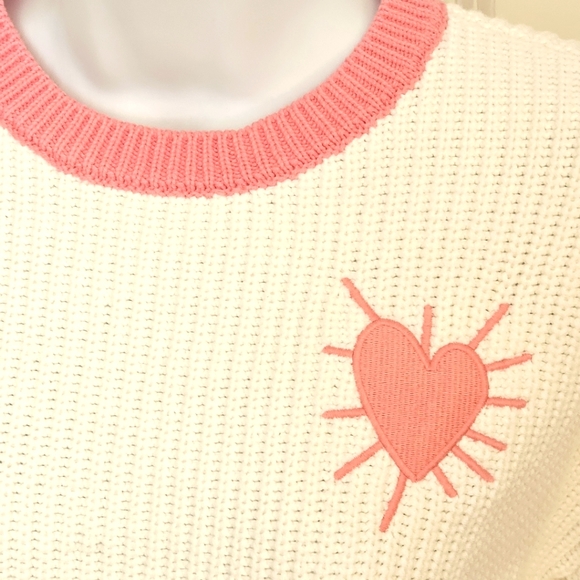 Kerri Rosenthal White & Pink Trim Heart Crew Neck Sweater - Picture 2 of 7